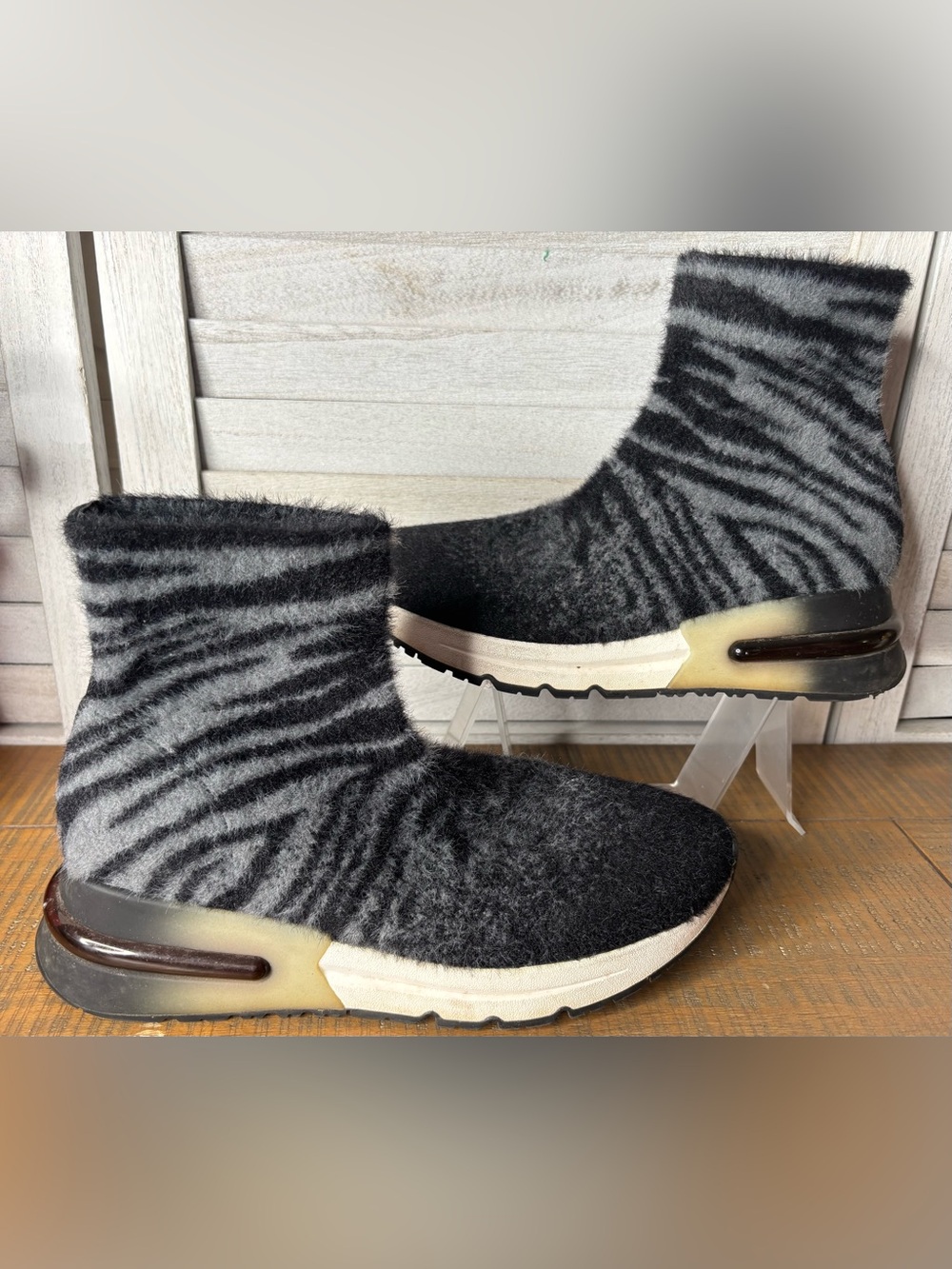 ASH Links Tiger Stripe Knit Sock Sneaker Boots Black Grey High Top Size 38 US 7.